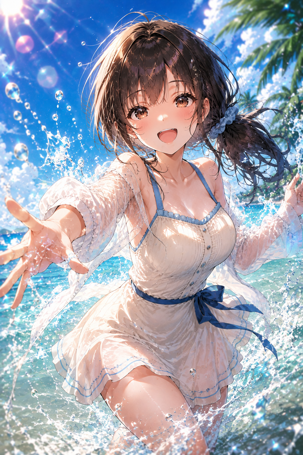 海辺で手を伸ばす秋月 莉里