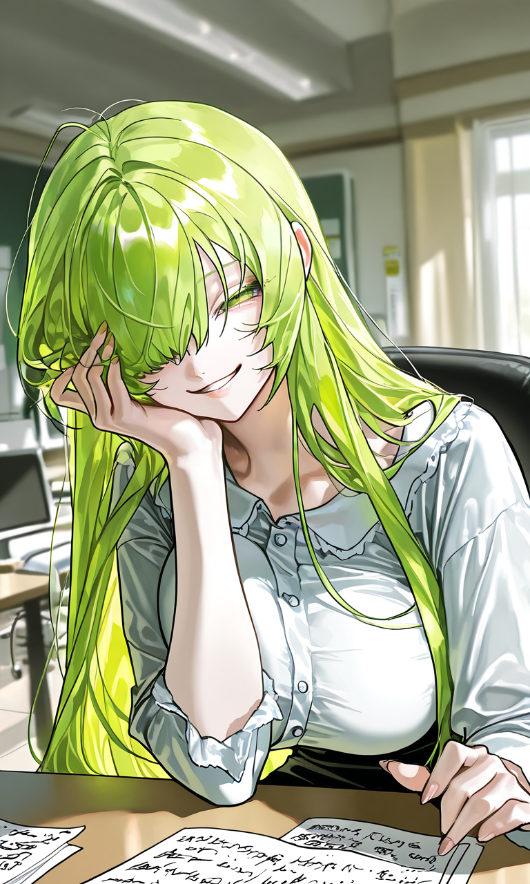机に向かい、こちらへ微笑むベルフェゴール
